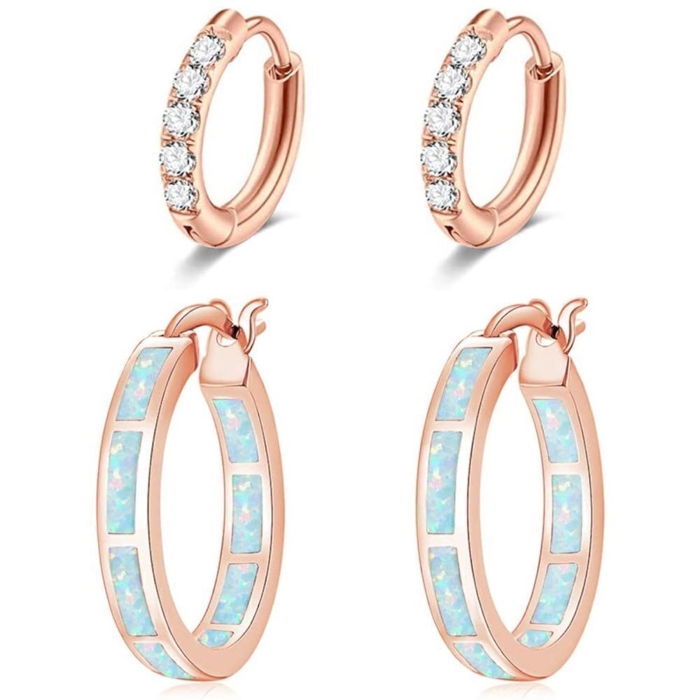 14K Rose Gold and 316L White Fire Opal and Diamond CZ Hoops Earrings Set of 2